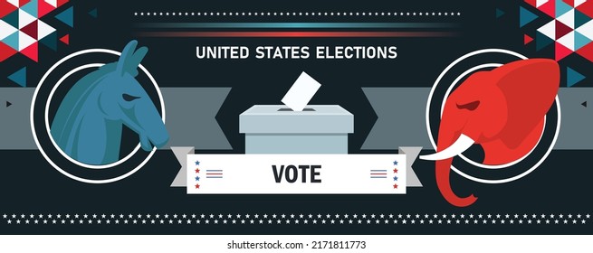 US Election concept Banner. American Presidential Election campaign between democrats and republicans. Political parties. Elephant and donkey. USA flag theme. Vote America. Ballot box.