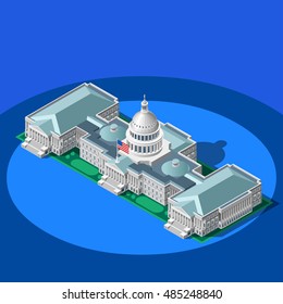 Us Election infographic. Democrat Republican party convention hall. Us Washington DC capitol dome latest news vote pools 3D flat isometric building senate congress tribune auditorium. Vector Image