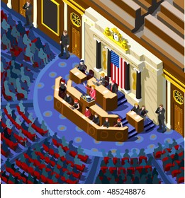 Us Election infographic Democrat Republican convention hall. Party presidential debate endorsement. Trump GOP opponent rally Flat senate congress tribune pedestal auditorium audience Vector Image