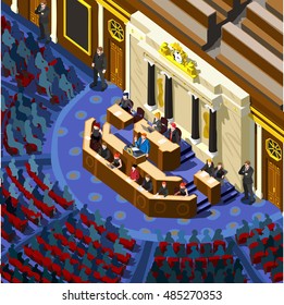 Us Election infographic Democrat Republican convention hall. Party presidential debate endorsement. Trump GOP opponent rally Flat senate congress tribune pedestal auditorium audience Vector Image