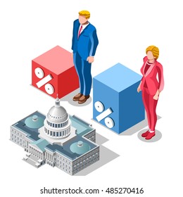 Us Election infographic Democrat Republican party candidate convention. Usa symbol Presidential debate vector icon. Trump opponent rally flat isolated concept congress tribune auditorium pedestal