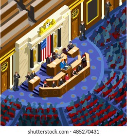 Us Election infographic Democrat Republican convention hall. Party presidential debate endorsement. Trump GOP opponent rally Flat senate congress tribune pedestal auditorium audience Vector Image