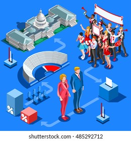 Us Election infographic. Democrat Republican convention hall. Party affiliate pulpit endorsement. Trump GOP opponent rally. 3D flat senate congress tribune pedestal auditorium audience. Vector Image