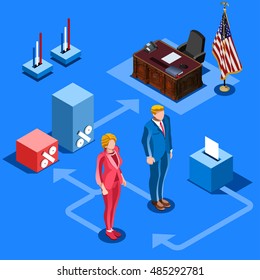 Us Election infographic Democrat Republican party candidate convention. Usa symbol Presidential debate vector icon. Trump opponent rally flat isolated concept congress tribune auditorium pedestal