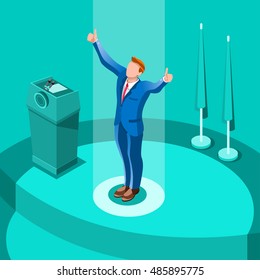 Us Election infographic Democrat Republican party candidate convention. Usa symbol Presidential debate vector icon. Trump opponent rally flat isolated concept congress tribune auditorium pedestal