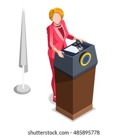 Us Election infographic Democrat Republican party candidate convention. Usa symbol Presidential debate vector icon. Trump opponent rally flat isolated concept congress tribune auditorium pedestal