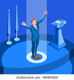 Us Election infographic Democrat Republican party candidate convention. Usa symbol Presidential debate vector icon. Trump opponent rally flat isolated concept congress tribune auditorium pedestal