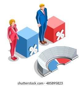 Us Election Infographic Democrat Republican Party Candidate Convention. Usa Symbol Presidential Debate Vector Icon. Trump Opponent Rally Flat Isolated Concept Congress Tribune Auditorium Pedestal