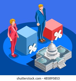 Us Election infographic Democrat Republican party candidate convention. Usa symbol Presidential debate vector icon. Trump opponent rally flat isolated concept congress tribune auditorium pedestal