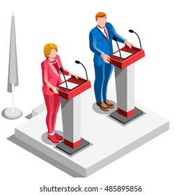 Us Election infographic Democrat Republican party candidate convention. Usa symbol Presidential debate vector icon. Trump opponent rally flat isolated concept congress tribune auditorium pedestal