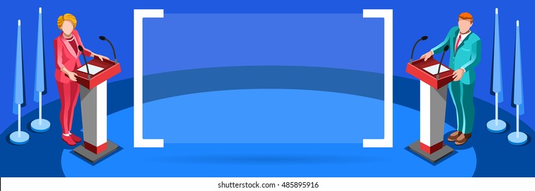 Us Election infographic Democrat Republican convention hall. Party presidential debate endorsement. Trump GOP opponent rally Flat usa congress senate tribune pedestal auditorium audience Vector Banner