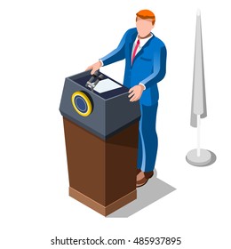 Us Election infographic Democrat Republican party candidate convention. Usa symbol Presidential debate vector icon. Trump opponent rally flat isolated concept congress tribune auditorium pedestal