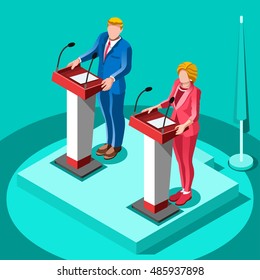 Us Election infographic Democrat Republican party candidate convention. Usa symbol Presidential debate vector icon. Trump opponent rally flat isolated concept congress tribune auditorium pedestal