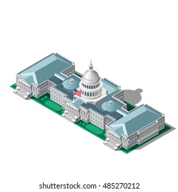 Us Election infographic.Democrat Republican party convention hall.Us Washington DC capitol dome latest news vote pools 3D flat house isometric building senate congress tribune auditorium Vector