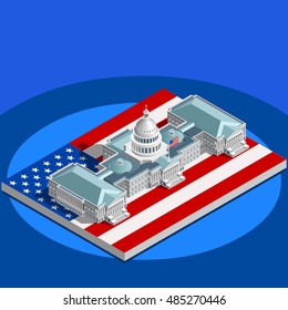 Us Election infographic.Democrat Republican party convention hall.Us Washington DC capitol dome latest news vote pools 3D flat isometric building senate congress tribune auditorium.Vector Image