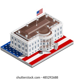 Us Election infographic.Democrat Republican party convention hall.Us Washington DC white house latest news vote pools 3D flat isometric building senate congress tribune auditorium.Vector Image