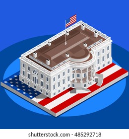 Us Election infographic.Democrat Republican party convention hall.Us Washington DC white house latest news vote pools 3D flat isometric building senate congress tribune auditorium.Vector Image