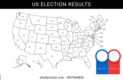 US Election Map. American Presidential Election Results Infographics Template. All The States Are Separated And Named In The Layer Panel.