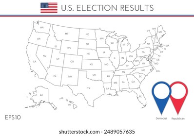 US election map. American Presidential Election results infographics template, with separated states and short state names. Vector illustration.