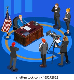 Us Election New pools infographic. Republican party candidate president icon. Usa symbol presidential debate convention live stream. Candidate trump flat concept congress tribune pedestal illustration