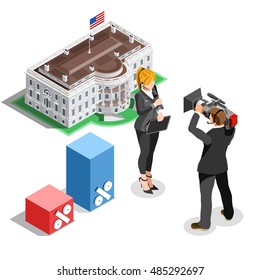 Us Election News infographic. Democrat Republican convention hall. Party presidential debate endorsement. Trump GOP rally 3D flat senate congress tribune pedestal auditorium audience Vector Image