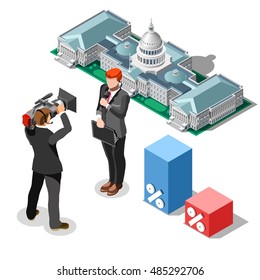 Us Election News infographic. Democrat Republican convention hall. Party presidential debate endorsement. Trump GOP rally 3D flat senate congress tribune pedestal auditorium audience Vector Image