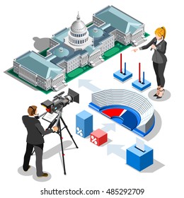 Us Election News infographic. Democrat Republican convention hall. Party presidential debate endorsement. Trump GOP rally 3D flat senate congress tribune pedestal auditorium audience Vector Image