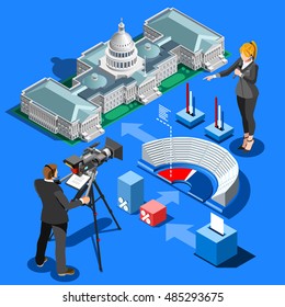 Us Election News infographic. Democrat Republican convention hall. Party presidential debate endorsement. Trump GOP rally 3D flat senate congress tribune pedestal auditorium audience Vector Image