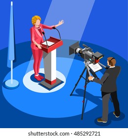 Us Election News pools infographic. Democrat Republican party candidate icon. Usa symbol presidential debate convention live stream. Trump opponent rally flat concept congress tribune pedestal