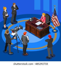 Us Election News pools infographic. Democrat Republican party candidate icon. Usa symbol presidential debate convention live stream. Trump opponent rally flat concept congress tribune pedestal