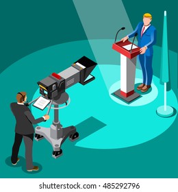 Us Election News pools infographic. Democrat Republican party candidate icon. Usa symbol presidential debate convention live stream. Trump opponent rally flat concept congress tribune pedestal