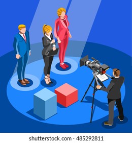 Us Election News pools infographic. Democrat Republican party candidate icon. Usa symbol presidential debate convention live stream. Trump opponent rally flat concept congress tribune pedestal