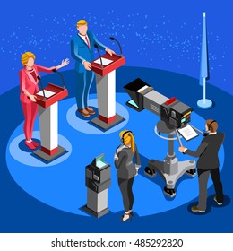 Us Election News pools infographic. Democrat Republican party candidate icon. Usa symbol presidential debate convention live stream. Trump opponent rally flat concept congress tribune pedestal