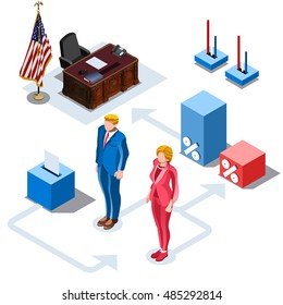 Us Election vote infographic Democrat Republican party candidate convention. Usa symbol Presidential debate vector icon. Trump opponent rally flat isolated concept congress tribune auditorium pedestal