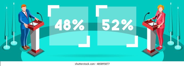 Us Election vote infographic Democrat Republican convention hall. Party presidential debate endorsement. Trump GOP opponent rally Flat usa congress tribune pedestal auditorium audience Vector Banner