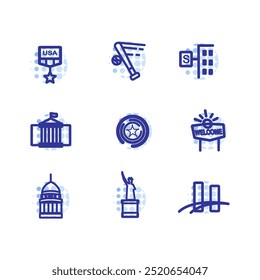 US Elections Icons Set. Editable Stroke Illustrations of United States US President or Congress Elections, Voting Ballot, Voting Ballot Box, Politic Party, Monitoring. Isolated Outline Vector Signs.