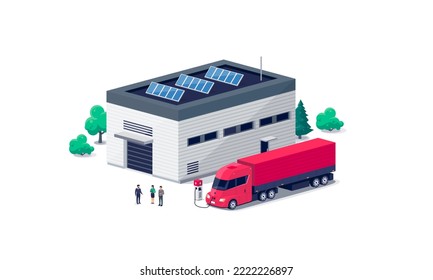 US electric semi-truck trailer container charging parking at the charger station with plug in cable near cargo business commercial warehouse logistic hall factory centre building with solar panels. 