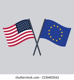 Se cruzó la bandera de Estados Unidos y la de la Unión Europea sobre el palo. Los Estados Unidos de América y la Unión Europea diseñaron planos de vectores.