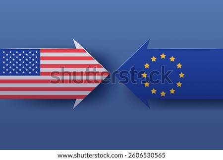 US EU trade conflict concept arrows facing each other with American and European flags on blue background economic tension theme