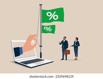 US Fed raises interest rates. Business people raises a flag with a percentage symbol to the top of a pole. Vector illustration