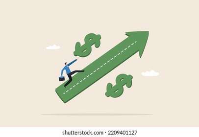 US Federal Reserve interest rate hike. Interest rate rising up. Businessman or banker running on the rising percentage arrow.