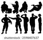 US female soldier’s silhouette pose collection. Lady army soldiers saluting American flag. Soldier girl kneeling down or aiming. Military woman in parade. Memorial day, 4th of July, Veteran