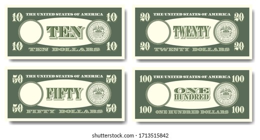 US fictitious green paper money in denominations of  ten, twenty, fifty and one hundred dollars Part two