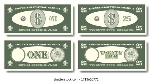 US fictitious green paper money in denominations of  one and twenty five dollars Part three