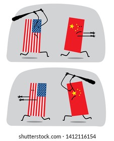 US flag with an ax chasing the flag of China. Fun minimalistic graphics