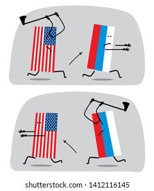 US flag with an ax chasing the flag of Russia. Fun minimalistic graphics