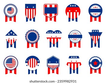 US flag badge collection. Set of blue and red badge medal in a flat design. Different US label badges