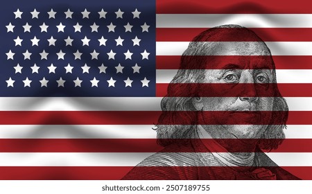 Bandera estadounidense con Benjamin Franklin de cerca. Ilustración vectorial.