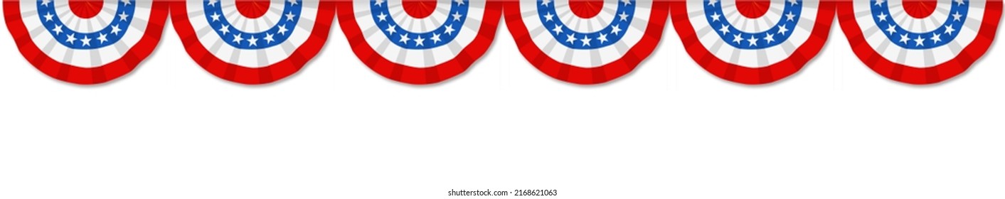 US Flag Buntings isolated on white background . Fourth of July template. July 4 USA.USA celebration with confetti stars in national colors for American Independence Day isolated on background