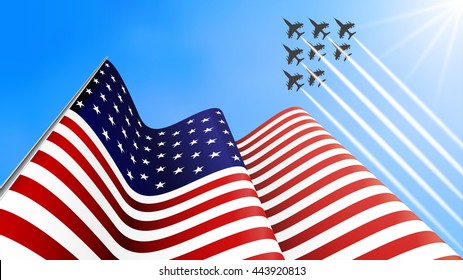 US flag and a fighter plane formation flying in the sky. Vector 3D illustration / 4th july independence day usa